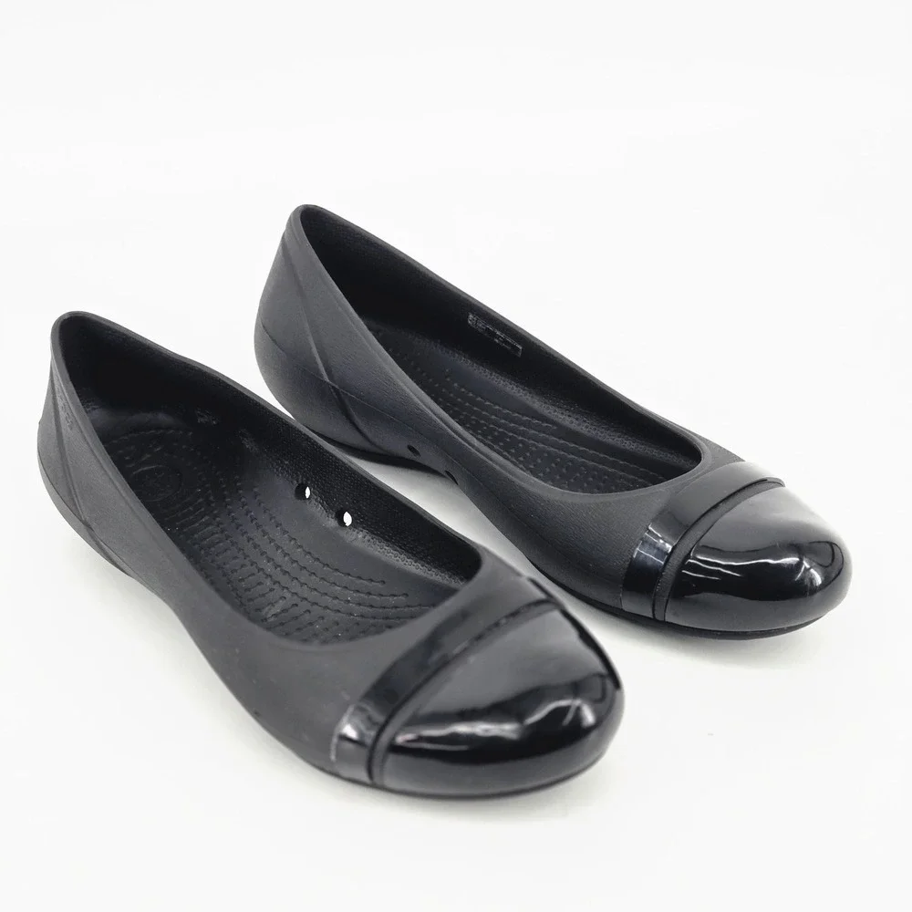 Crocs Cap Toe Flat Black Patent Slip On Ballet Shoes Women Size 9 W9 Work EUC